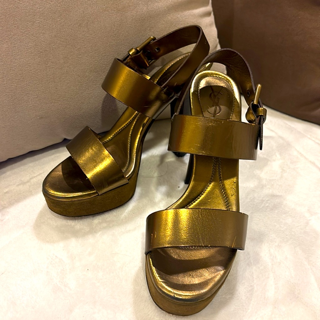 Ysl Barbare 85 Denver Lame Strappy Bronze High Stiletto Sandal Size 36 1/2